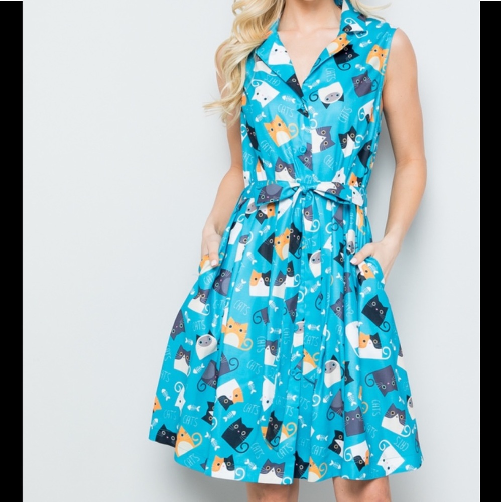 Cute Cat Printed Shirt Dress - Picture 3 of 6